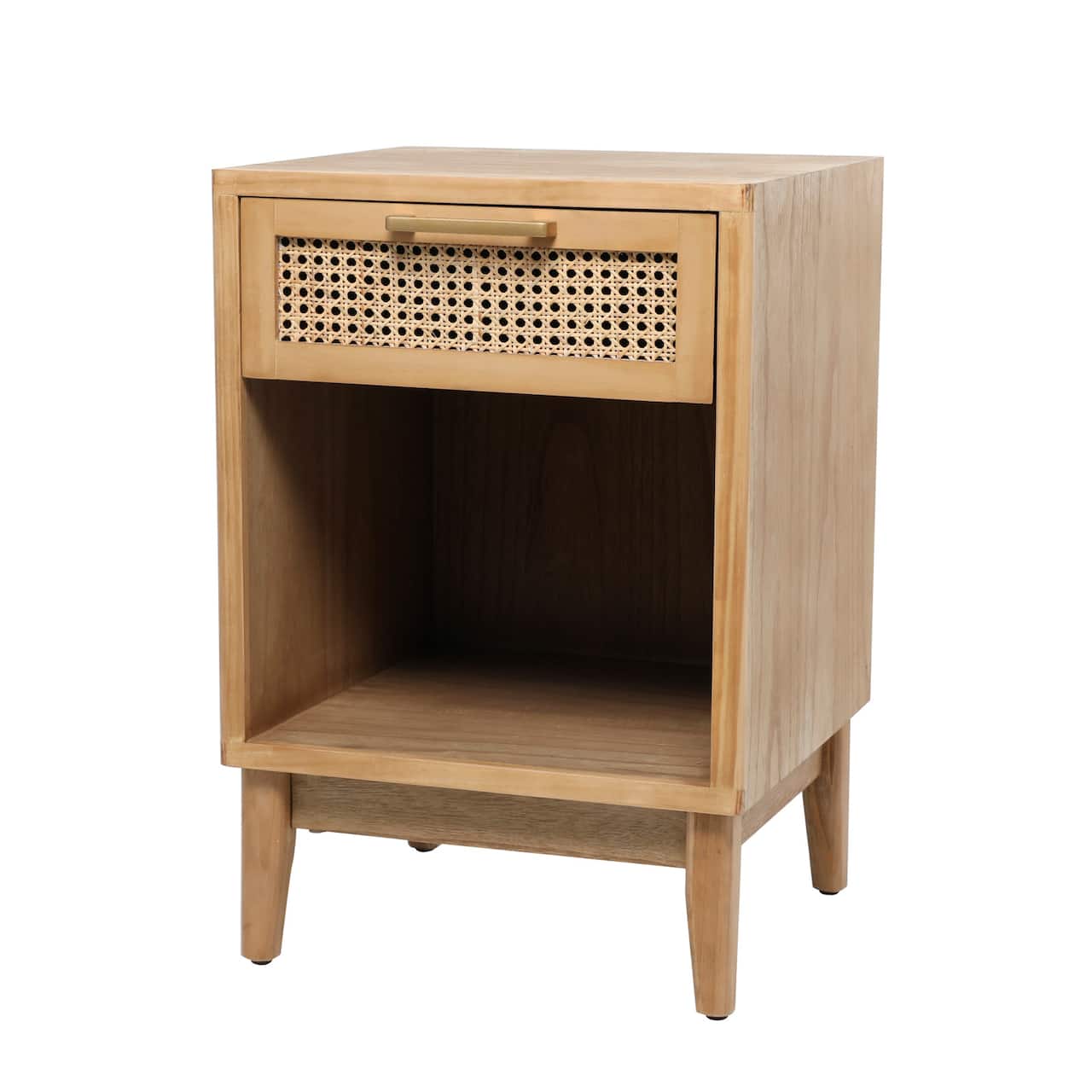 Wood Accent Table with Cane Front Drawer & Gold Handle